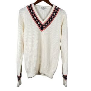 Vintage La Mode Mens Tennis Sweater Cream Waffle Knit V-Neck Small Preppy Argyle